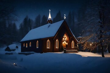 A peaceful church in a snow-covered village with a candlelit Christmas Eve service taking place inside