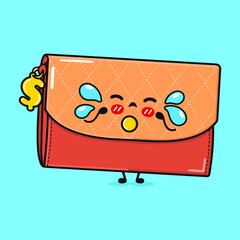 Cying Wallet for women sticker character. Vector hand drawn cartoon kawaii character illustration icon. Isolated on blue background. Sad Wallet for women sticker character concept