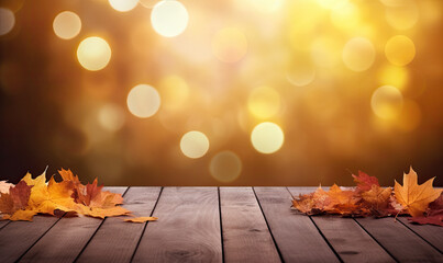 Naklejka na ściany i meble Autumn maple leaves on wooden table on bokeh background.Falling leaves natural background.Sunny autumn day with beautiful orange fall foliage in the park. copy space , banner