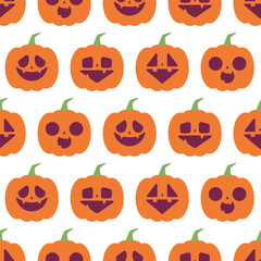Halloween pumpkins with cute faces vector cartoon seamless pattern background for wallpaper, wrapping, packing, and backdrop.
