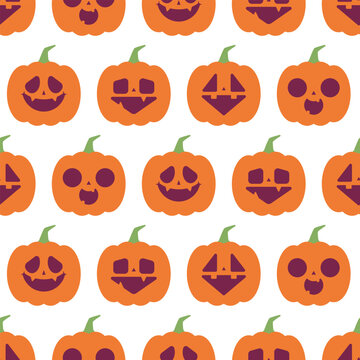 Halloween pumpkins with cute faces vector cartoon seamless pattern background for wallpaper, wrapping, packing, and backdrop.