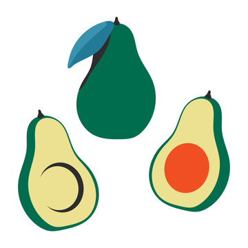 Half and whole avocado vector cartoon set isolated on a white background.