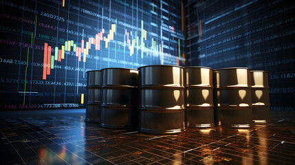 Barrels of oil with charts and graphs of stock market as a concept of raw material. Financial world crisis concept. Up of oil price, market grow up. - Powered by Adobe