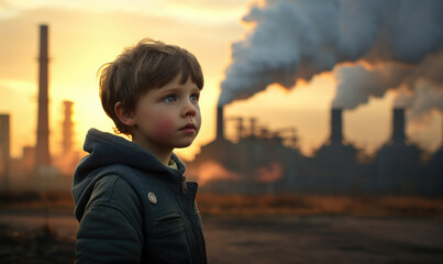 Carbon emissions destroying the future of children, Sad child in front of petrochemical plant - obrazy, fototapety, plakaty