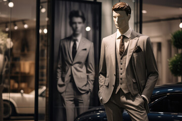 Fototapeta na wymiar Classic Suit Showcased In An Aicreated Fashion Store Display
