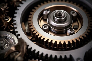Close Up Of Metallic Gears And Auto Parts - obrazy, fototapety, plakaty