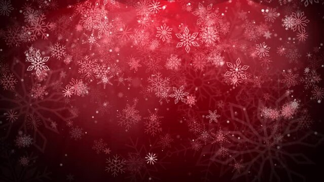 Red Christmas winter background with falling drawn white snowflakes. A bright glow. Looped animation.