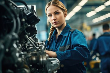Confident Female Worker Operating Machinery In An Automotive Manufacturing Setup