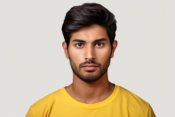 Obraz premium Confident Indian Man In Yellow Shirt On White Background