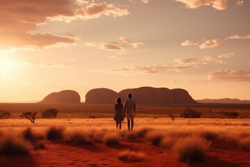 Couple Explores Australias Desert, Uluru In The Background