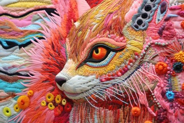 Embroidery of a fiery cat in close-up, Colorful yellow-red cat stitched on fabric, digital embroidery, digital crafting.