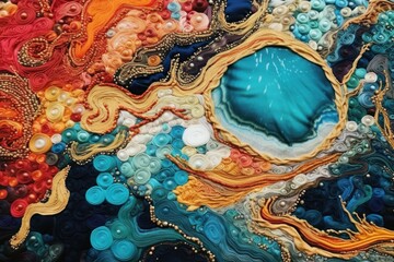 Fototapeta premium Abstract embroidery with a maritime theme, a beautiful background with ocean-colored embroidery, digital abstract handicraft.