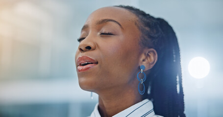 Black woman, breathing and meditation, Businesswoman in a office with zen and calm, healthcare and...