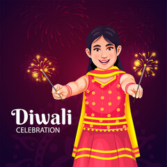 Happy Diwali Vector Illustration with Rangoli and Fireworks Background for Light Festival of India in Flat Kid celebrate Diwali Cartoon Design. Festival sale and promotion advertising concept