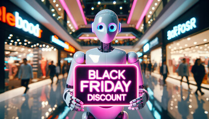 Amid the bustling mall, a sleek futuristic robot stands, holding a cartoon sign with bold letters advertising a wild sale, its anime-like features drawing curious onlookers