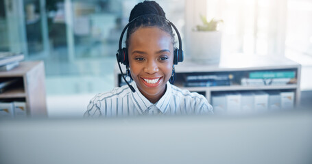Black woman, call center and consulting on headphones in customer support, service or telemarketing...