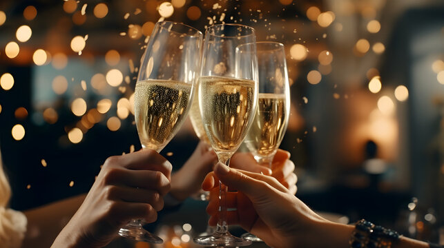 Celebration christmas or new years eve party. People holding glasses of champagne making a toast. Champagne with blurred background