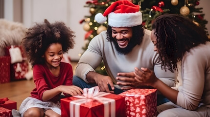 Fototapeta na wymiar Happy African family opening gifts, Christmas tree background, joyful holiday celebration, togetherness
