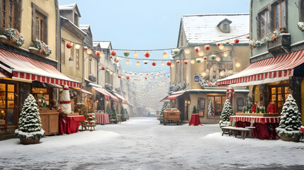 Snow-covered street with festive shops, adorned with colorful lanterns and christmas decor.