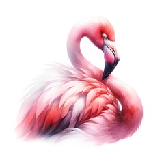 Close-up watercolor illustration of a pink graceful flamingo, capturing its elegance and natural...