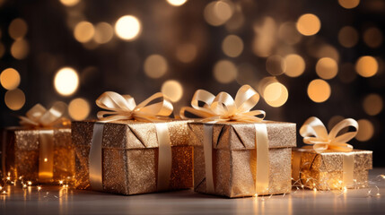 Fototapeta na wymiar Christmas gift box, gold wrapping, golden bow, bokeh background.