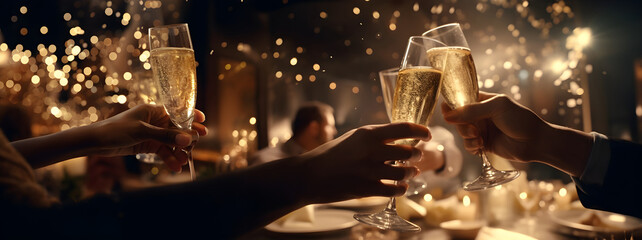 Celebration christmas or new years eve party. People holding glasses of champagne making a toast. Champagne with blurred background - obrazy, fototapety, plakaty