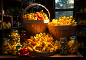 A Table of Colorful Harvest: Baskets Overflowing With Vibrant Yellow Peppers