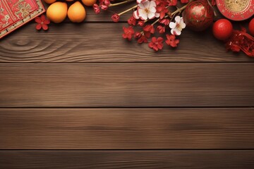 Fototapeta na wymiar flat lay lunar new year or Happy Chinese new year decorations celebration with copy space on the wood background, generative ai