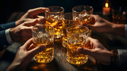 cheers glasses of whiskey in hands, for celebrating a friendly party or week ending in a bar or a restaurant.