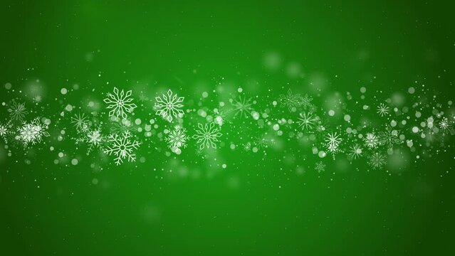 Green Christmas holiday background with graphic swirling white snowflakes and blurred particles. Looped animation.