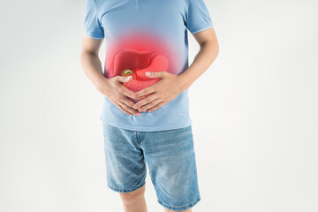 Gallstones, inflammation of the gallbladder, man suffers from pain and cholecystitis, hepatitis,...