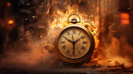 Surreal Burning Clock with Roman Numerals. Dramatic Historical Fiction Scene. Time Burning Concept.