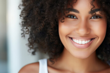 Portrait of young African American woman with perfect healthy pearly white teeth smile. Health, teeth whitening, dental care, dentistry, stomatology concept - obrazy, fototapety, plakaty