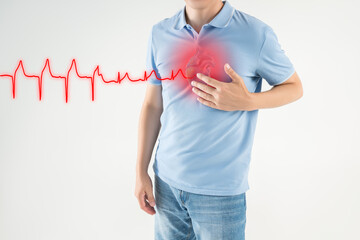 Heart attack, man with chest pain suffers from heartache, myocardial infarction, cardiogram and...