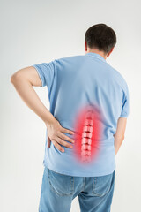 Lumbar intervertebral spine hernia, man with back ache suffers from pain, spinal disc disease
