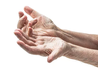 Papier Peint photo Lavable Vielles portes Hands of an old woman isolated on white