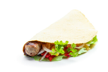 Corn wrap with sausages and vegetables isolated on white