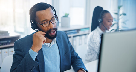 Computer, customer support and a black man consultant working in a call center for service or assistance. Contact, crm and headset communication with an employee consulting in a retail sales office - obrazy, fototapety, plakaty
