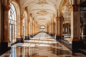 Gallery interior marble floor and big windows. Renaissance style interior of museum. French mansion style rich luxury marble.
