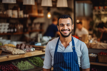 Arab small business owner smiling cheerfully in his shop. Portrait of proud confident male shop owner in front of stacked shelves. - obrazy, fototapety, plakaty