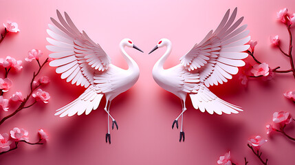 paper cut cranes on pink background