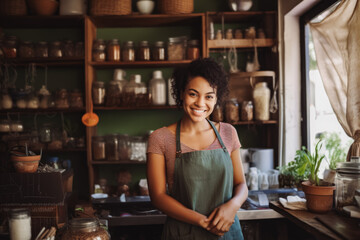 Black small business owner smiling cheerfully in her shop. Portrait of proud female shop owner in front of stacked shelves. - obrazy, fototapety, plakaty