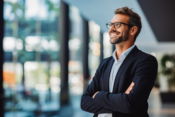 Fototapeta premium Thoughtful young caucasian businessman looking away with smile. Portrait of confident young man in a suit smiling. male business person portrait.