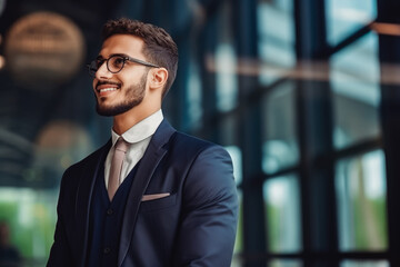 Fototapeta premium Thoughtful young caucasian businessman looking away with smile. Portrait of confident young man in a suit smiling. male business person portrait.