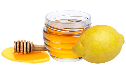 Lemon and honey isolated on white or transparent background. Natural remedy for cold, cough and...