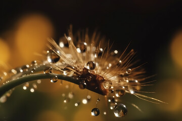 Water drops on dandelion seed macro in nature in yellow and gold tones.