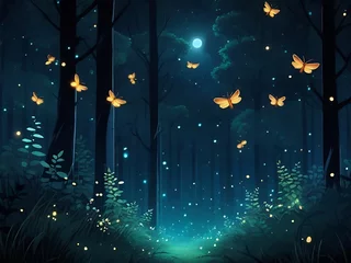 Fototapeten Nighttime comic background with glowing fireflies illuminating the scene Generated By Ai © Authentic Palace 