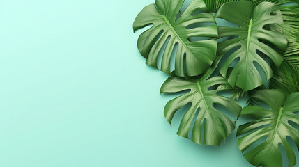 Creative arrangement of tropical monstera leaves against blue abstract wall background - obrazy, fototapety, plakaty