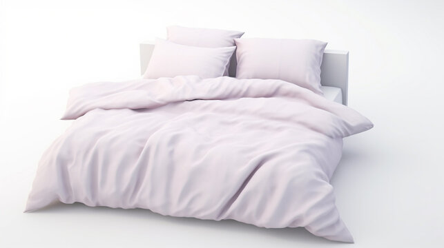 pastel color bed with pillows and duvet or pillows setting on bed satin bedding style. generative ai