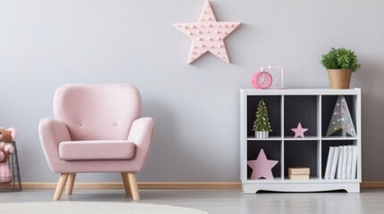 Pastel pink armchair next to wooden cabinet books toy green plant in grey material pot generative ai